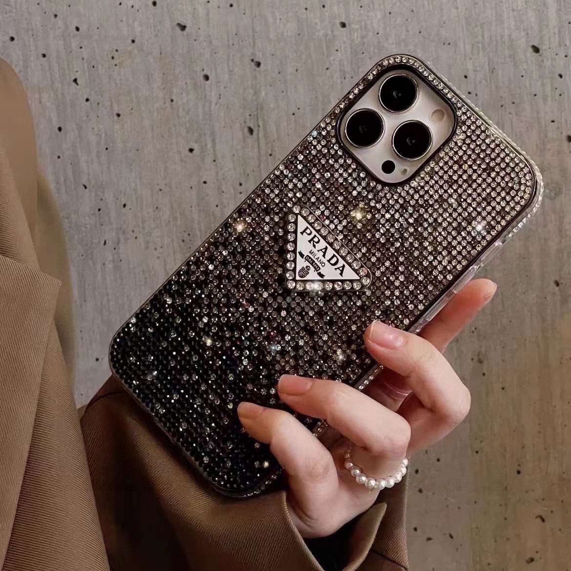 PRADA iPhone Case Couple Style Fully Covered with Sparkling Rhinestones