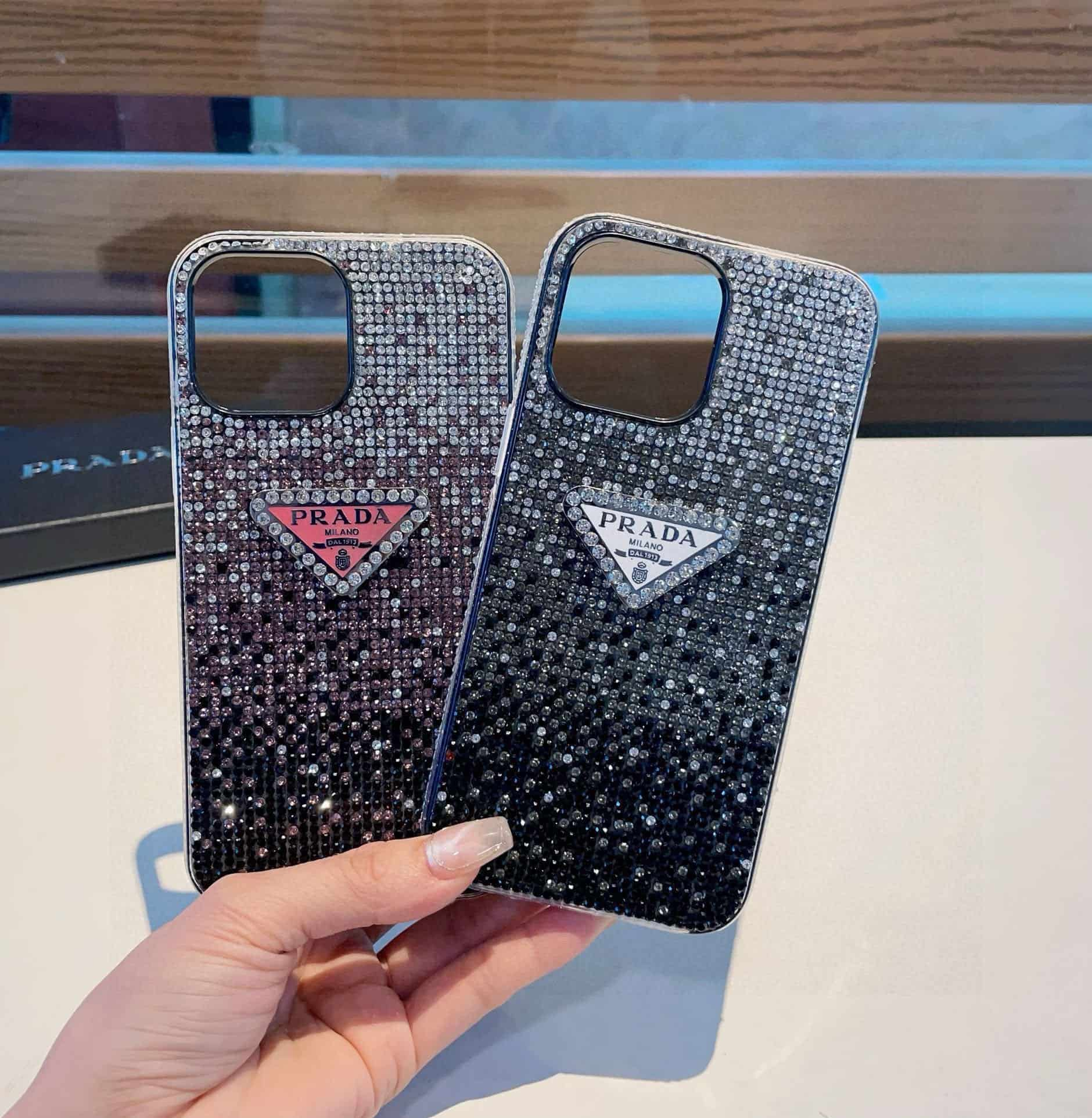 PRADA iPhone Case Couple Style Fully Covered with Sparkling Rhinestones