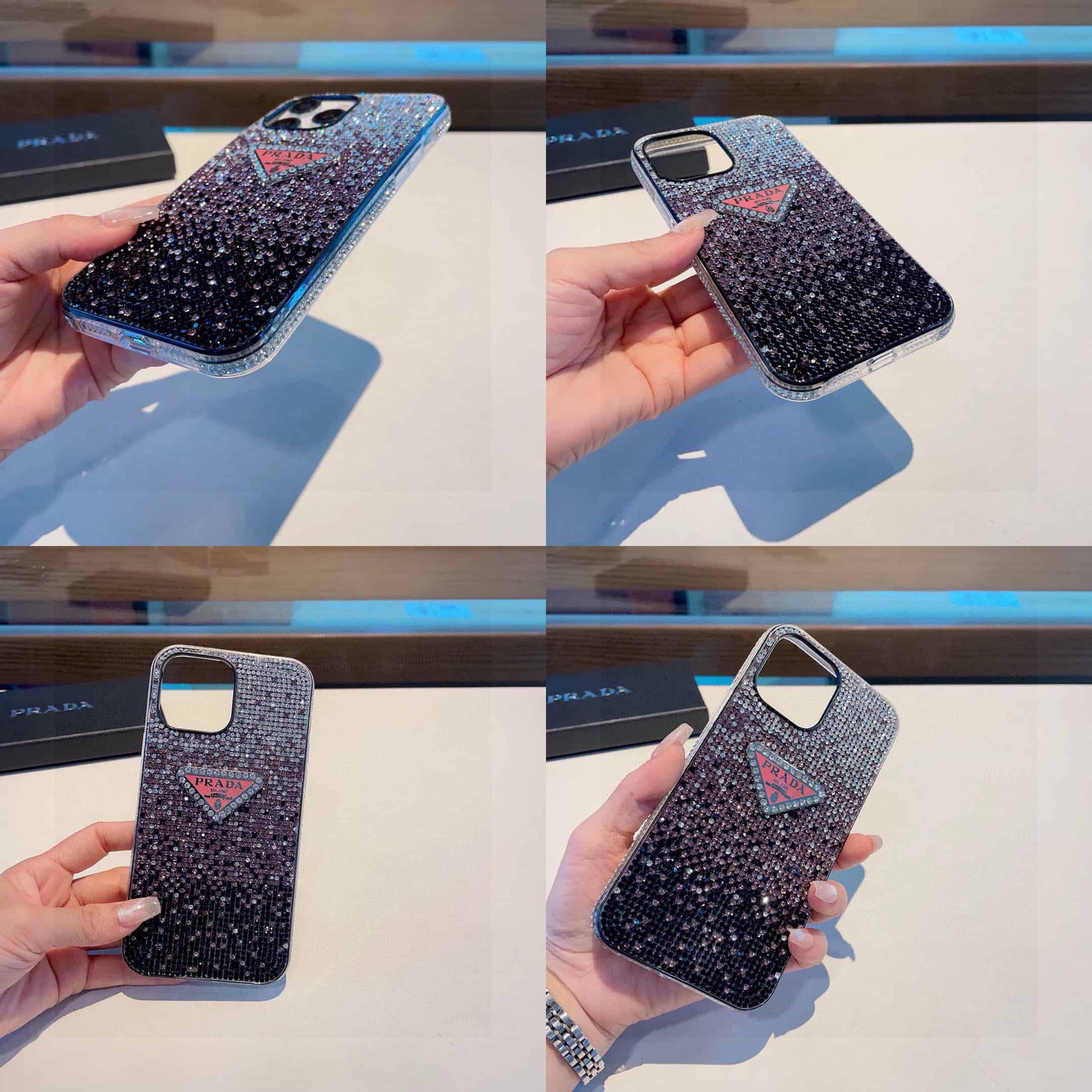 PRADA iPhone Case Couple Style Fully Covered with Sparkling Rhinestones