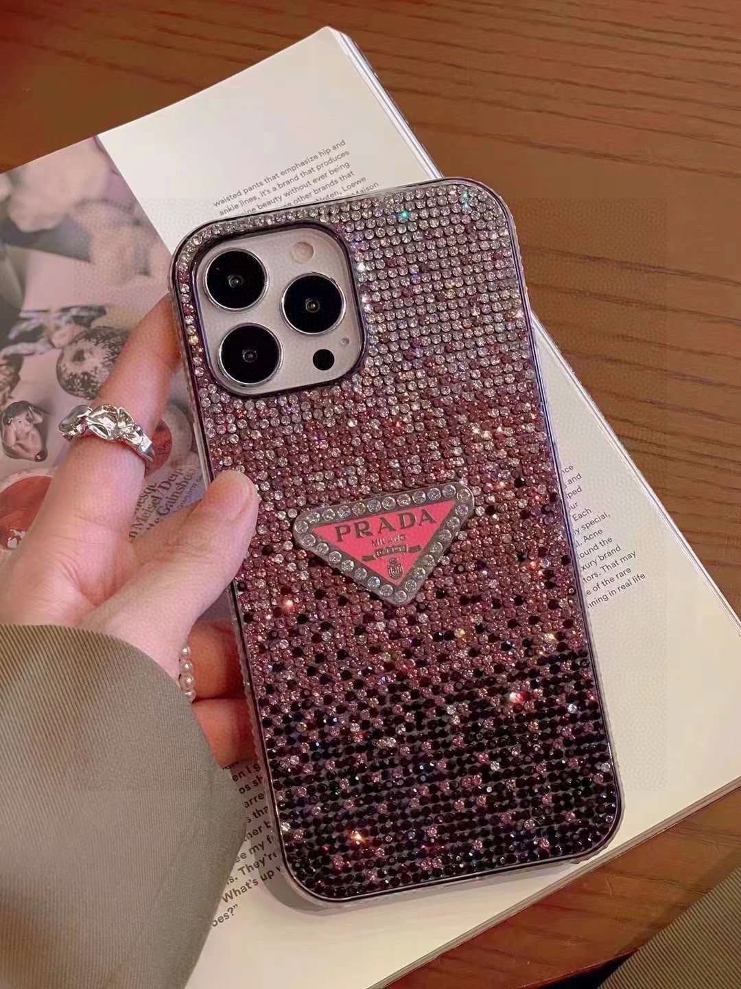 PRADA iPhone Case Couple Style Fully Covered with Sparkling Rhinestones