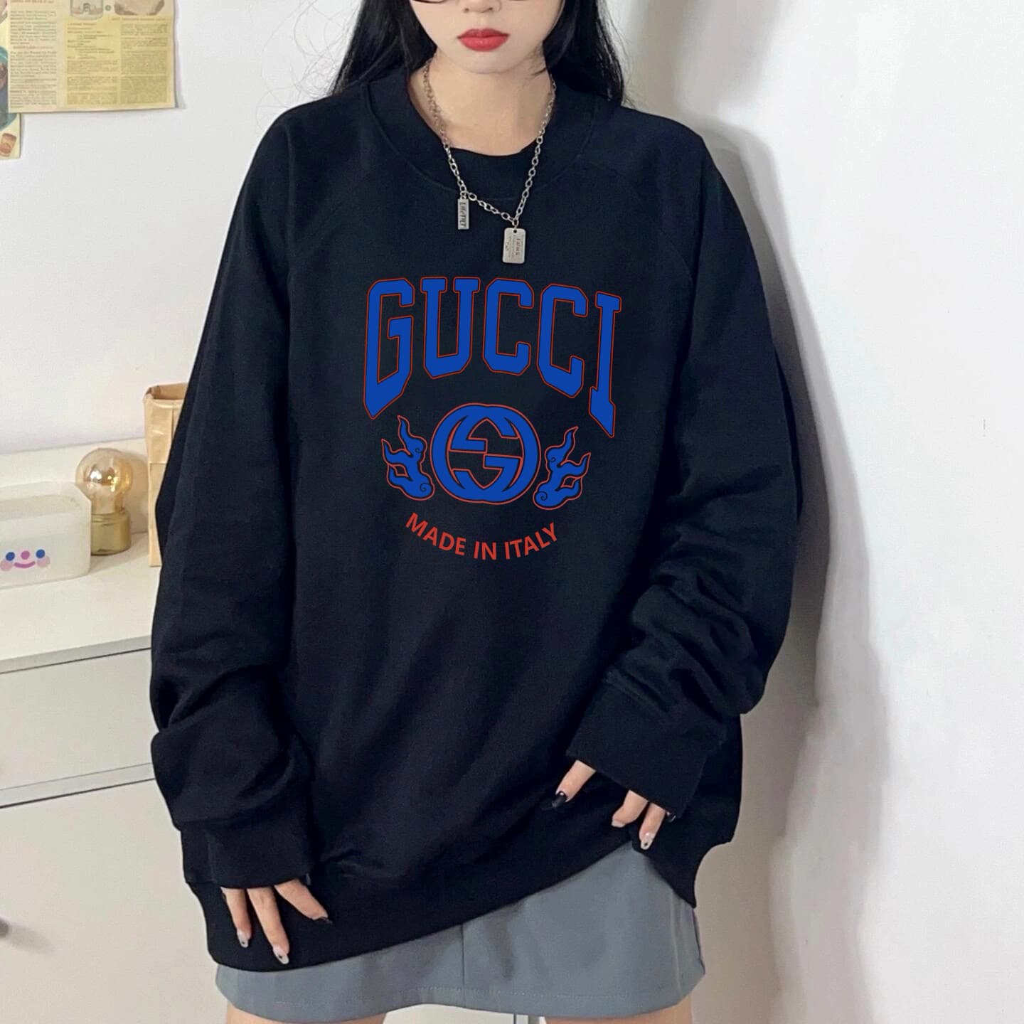 GUCCI Pullover Sweatshirt Women Soft Fleece Lining Warm Cozy Relaxed Fit Blue letters