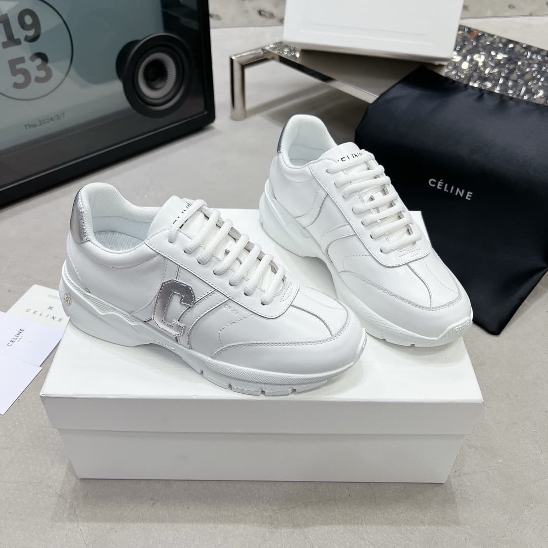 CELINE shoes RUNNER CR-01 Leather Low Bond  Women's Silver C letter