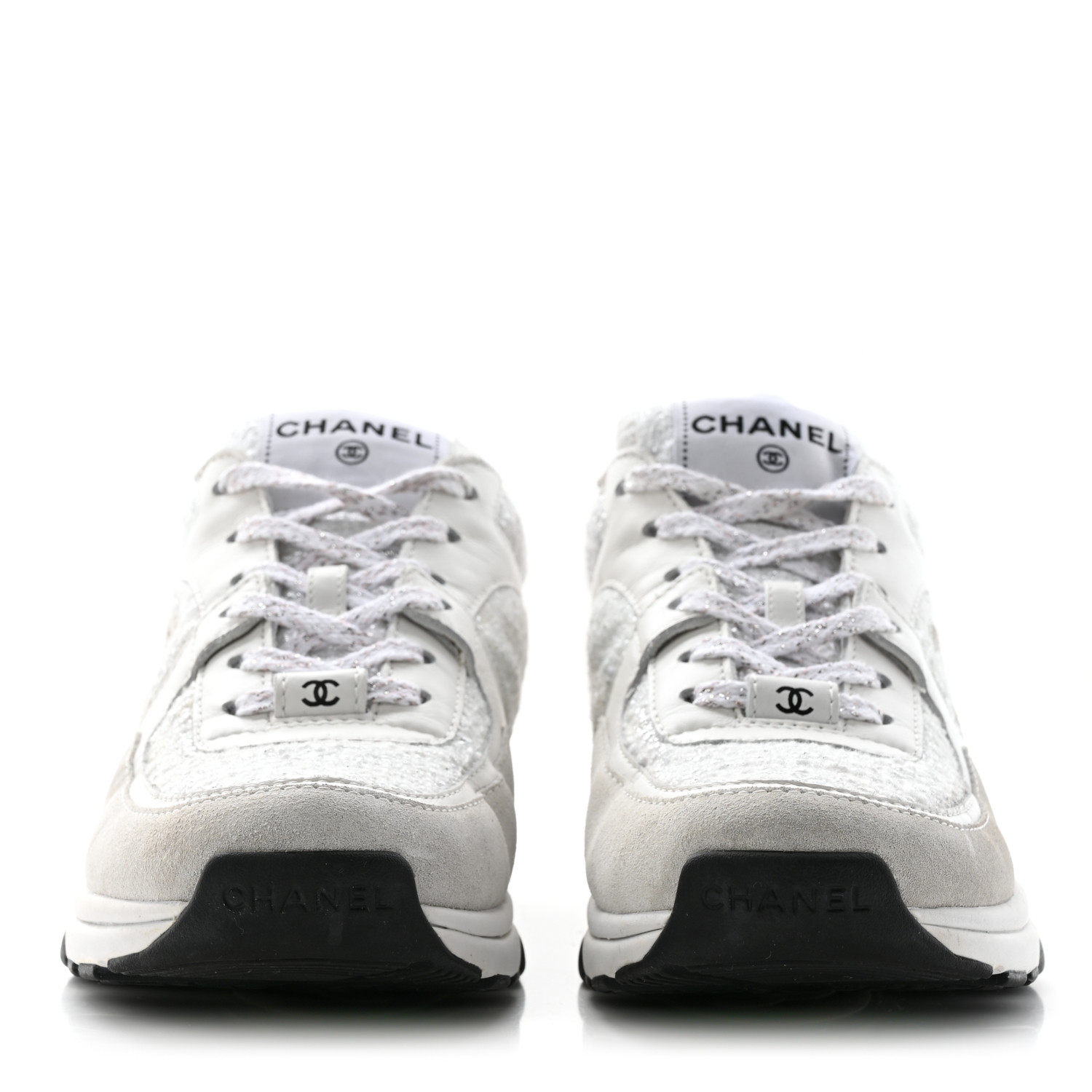 CHANEL Painted Iridescent Cotton Tweed Suede Calfskin Women's CC Sneakers - White/Silver/Multicolor