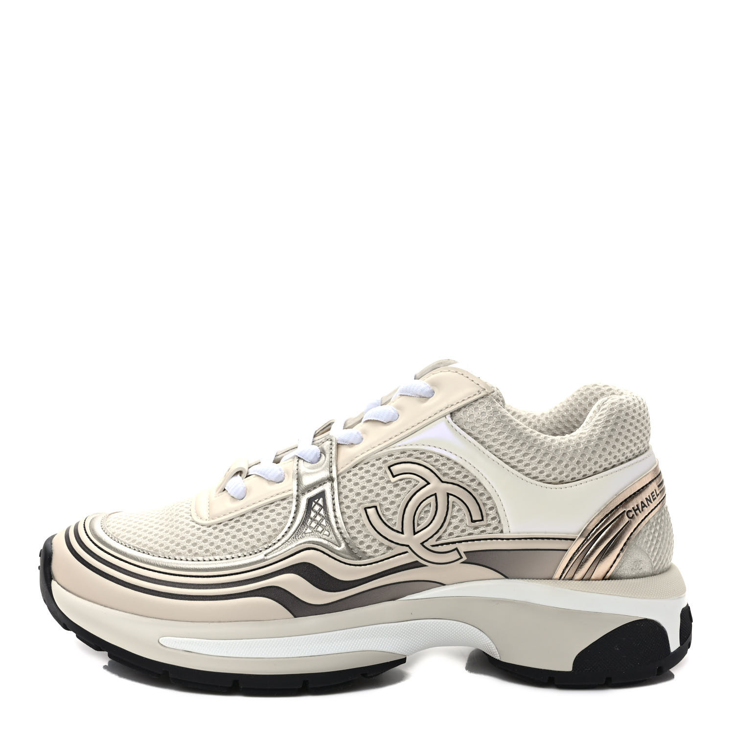 CHANEL Fabric Laminated Calfskin Stretch CC Women's Sneakers - White/Gold/Silver