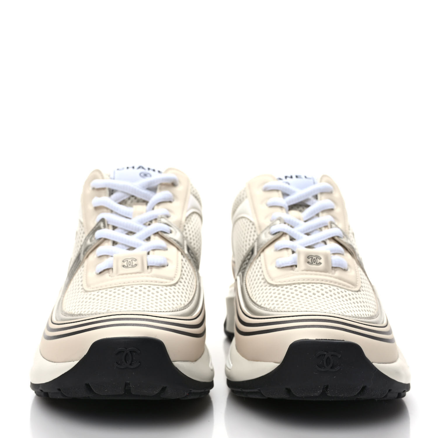 CHANEL Fabric Laminated Calfskin Stretch CC Women's Sneakers - White/Gold/Silver