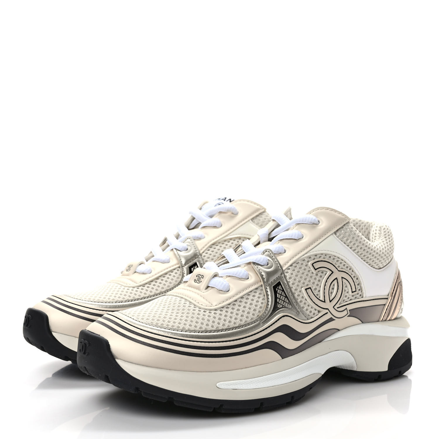 CHANEL Fabric Laminated Calfskin Stretch CC Women's Sneakers - White/Gold/Silver