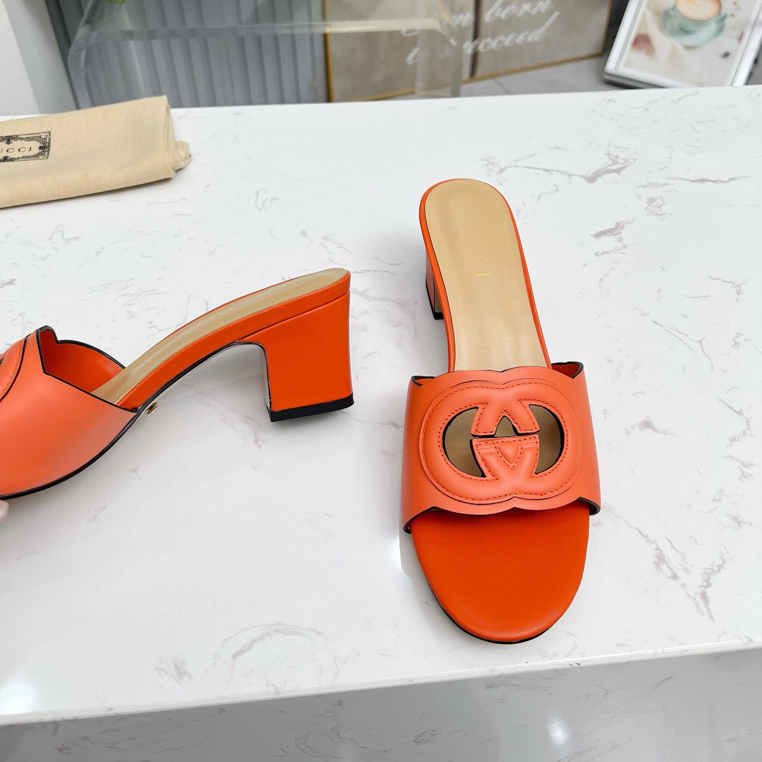 GUCCI shoes Women‘s middle heel slippers LOGO pattern orange