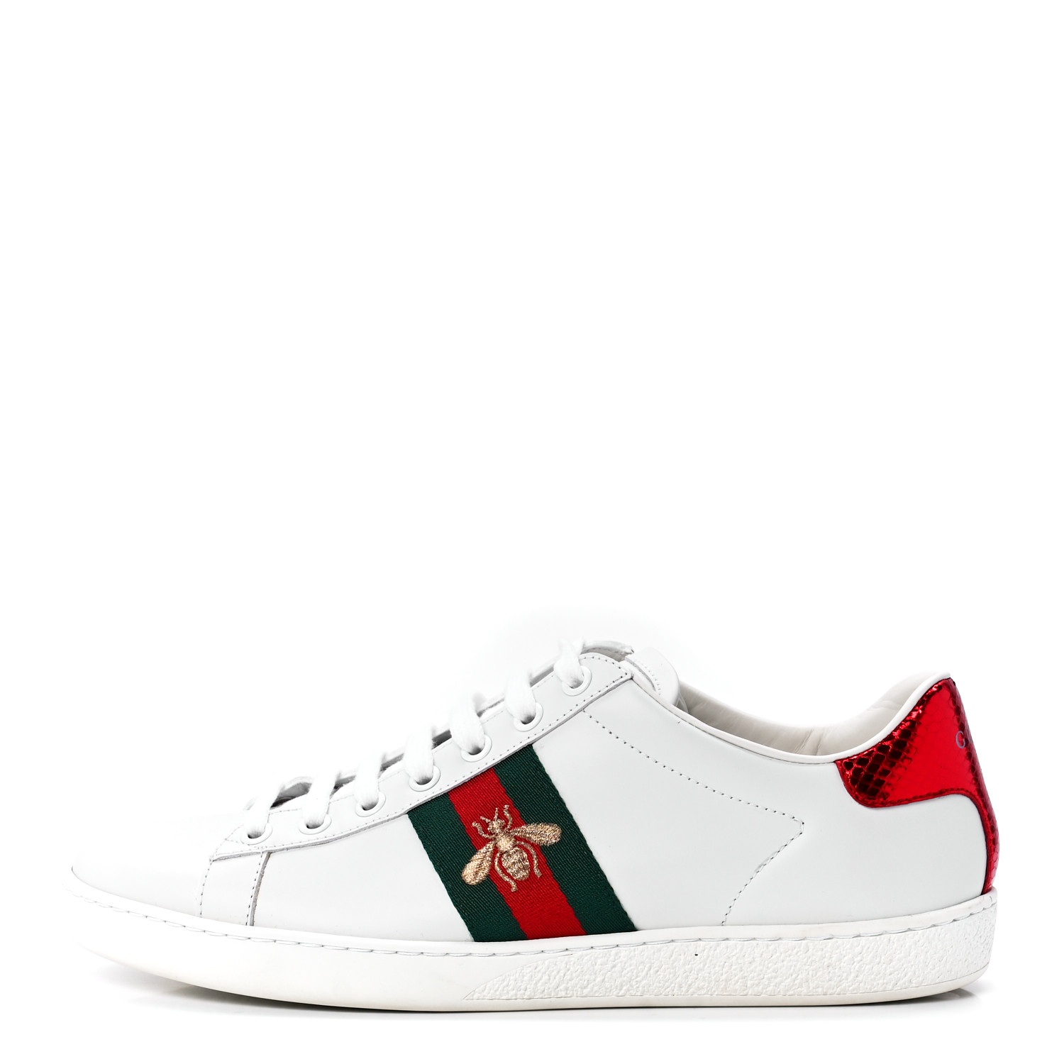 GUCCI Calfskin Ayers Bee Embroidered Women's Ace Sneakers - White/Green/Red