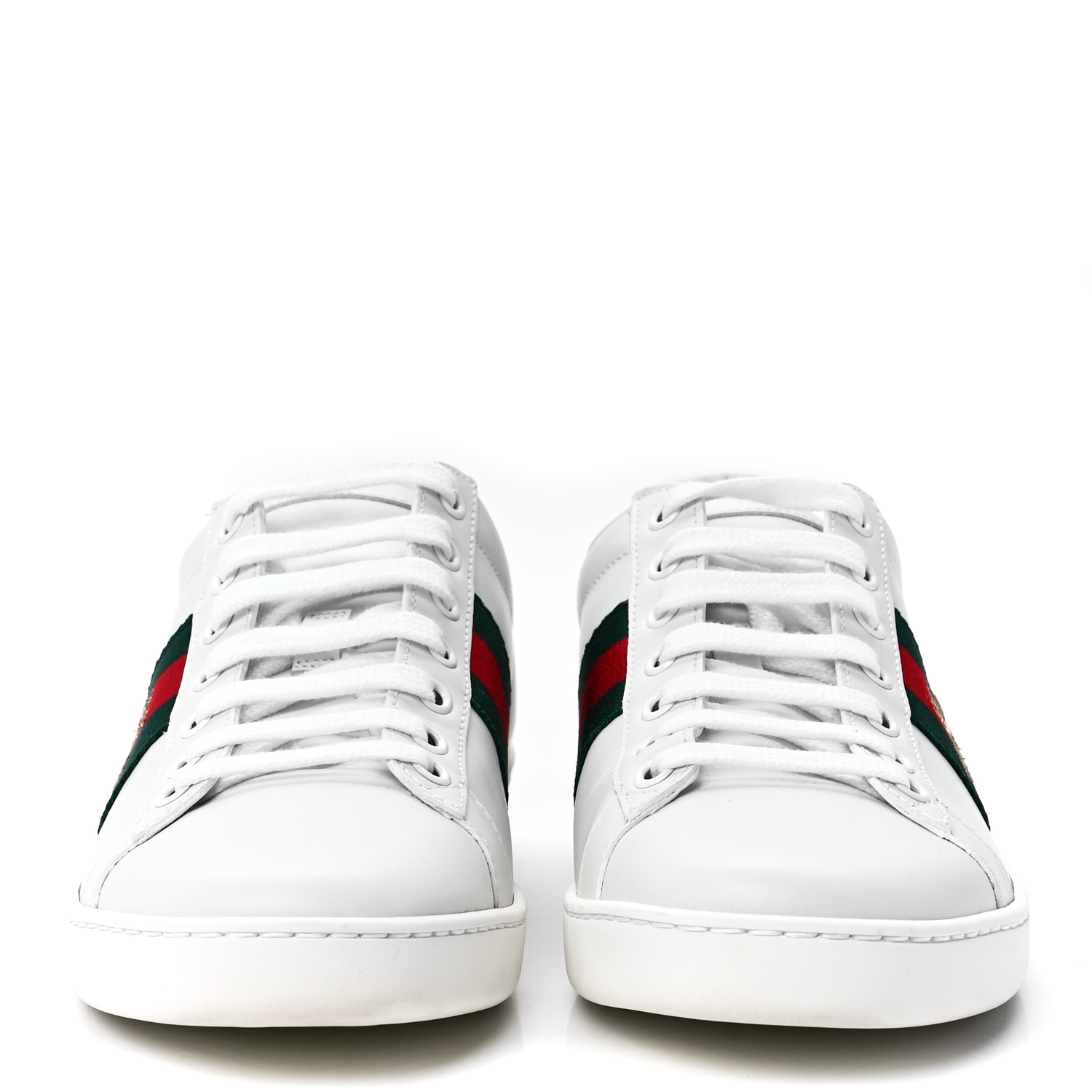 GUCCI Calfskin Ayers Bee Embroidered Women's Ace Sneakers - White/Green/Red