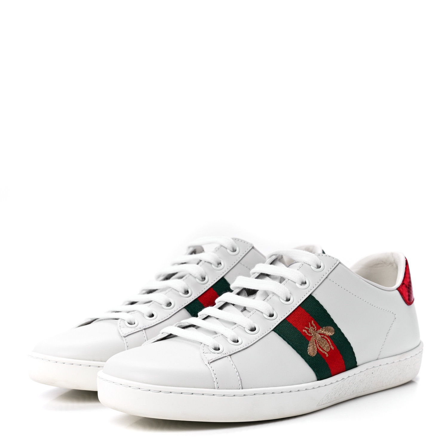 GUCCI Calfskin Ayers Bee Embroidered Women's Ace Sneakers - White/Green/Red